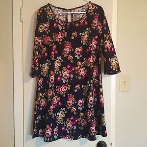 Navy floral textured princess seam skater dress